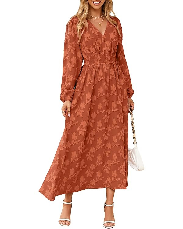 Simplee Womens Boho Floral Long Sleeve Maxi Dress V Neck Empire Waist Fall Wedding Guest Dresses ... | Amazon (US)