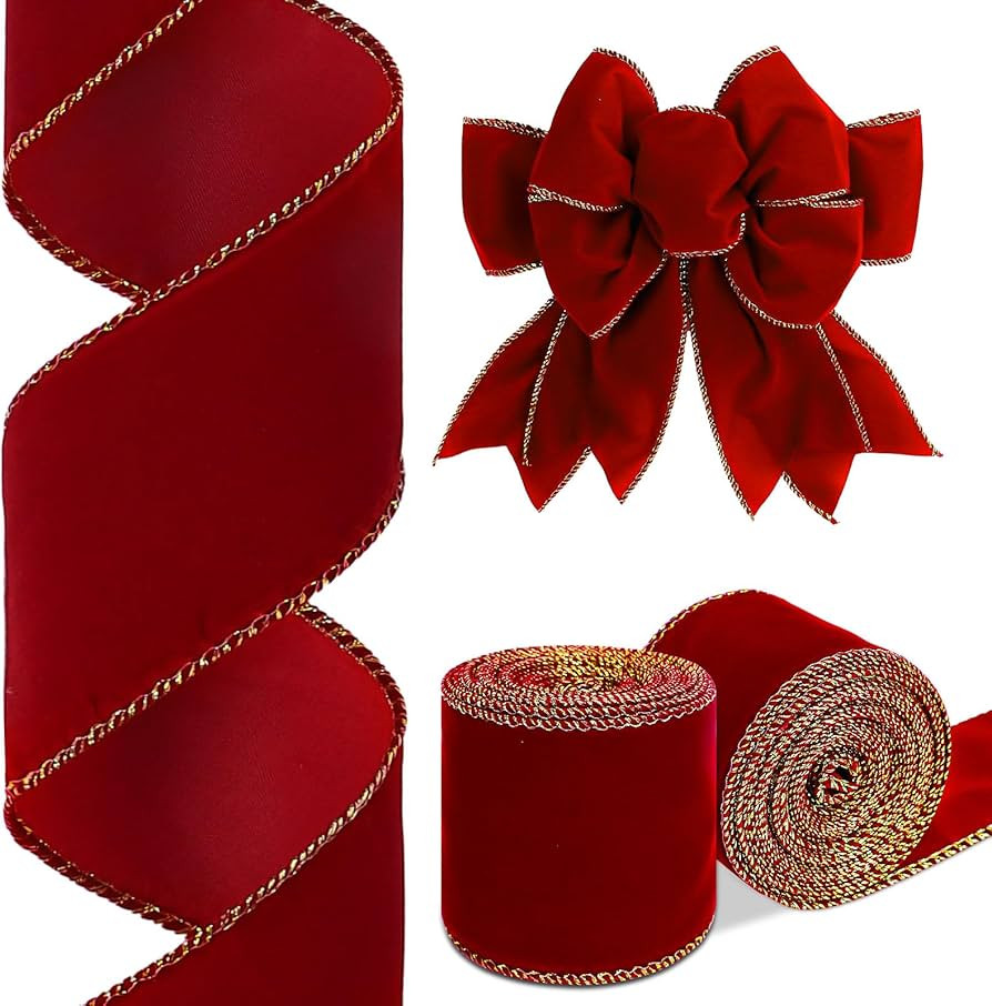 Whaline 2 Rolls Christmas Velvet Wired Ribbon 2.5 Inch Wine Red Burgundy Velvet Ribbon Xmas Party... | Amazon (US)
