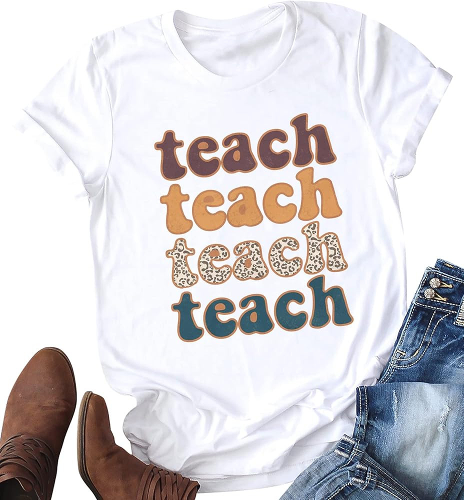 PECHAR Teacher Shirts Women Funny Teach Printed Graphic Tshirt Short Sleeve T-Shirt Blouse Teache... | Amazon (US)