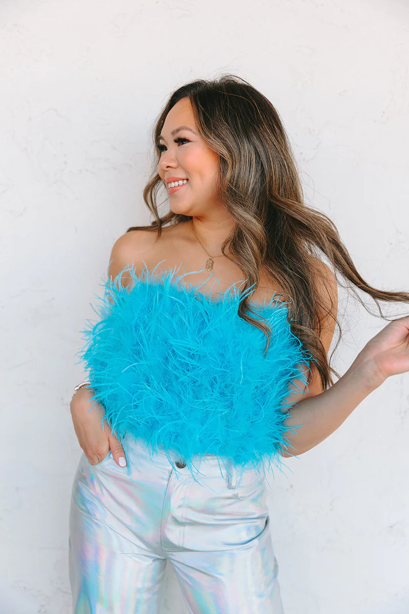 BuddyLove | Fancy Strapless Feather Crop Top | Azure Blue | BuddyLove