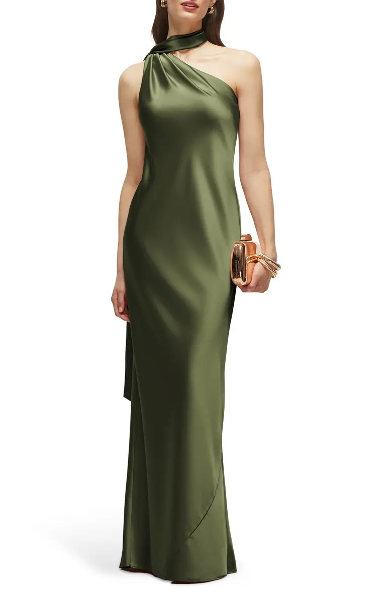 Scarf Detail One-Shoulder Satin Charmeuse Column Gown | Nordstrom