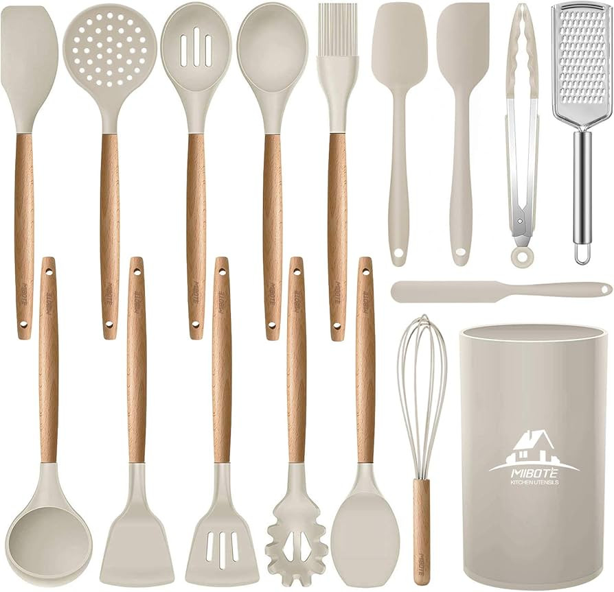 MIBOTE 17 Pcs Silicone Cooking Kitchen Utensils Set with Holder, Wooden Handles BPA Free Non Toxi... | Amazon (US)