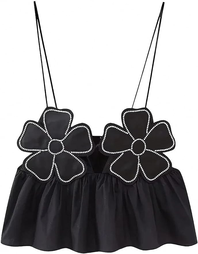 Dawery Women's Bright Floral Decorated Poplin Top Women's Halter Strap Blouse Women's Black Sexy ... | Amazon (US)