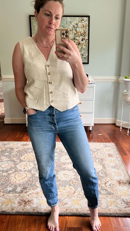 Linen vest and jeans. Casual warm summers night outfit. 

#LTKSeasonal #LTKMidsize #LTKOver40