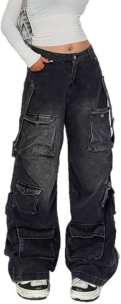 Women's Cargo Pants Low Waist Baggy Jeans Y2K Pocket Wide Leg Casual Trendy Streetwear Grunge Emo... | Amazon (US)