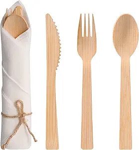 Pre Rolled Napkin and Bamboo Cutlery Set - 50Pack Bamboo Utensils/Compostable Cutlery(50 Forks, 5... | Amazon (US)