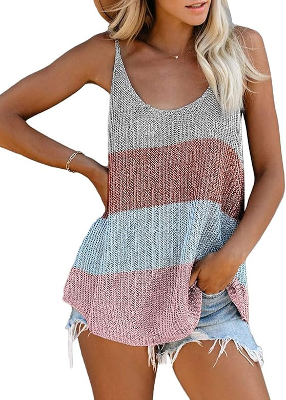 Arainlo Women's Summer Scoop Neck Tank Casual Spaghetti Straps Knitted Cami Top Vest | Amazon (UK)