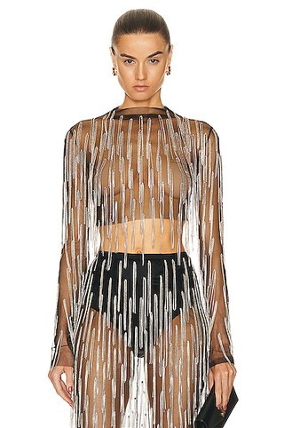 Mesh Diamond Fringe Long Sleeve Mock Top | FWRD 