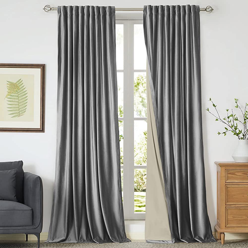 PRIMROSE 100% Blackout Grey Velvet Curtains Drapes 96 inch Long for Living Room,Set of 2 Panels L... | Amazon (US)