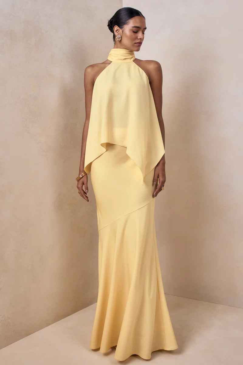 Vayla  Lemon Satin Asymmetric Drop-Waist Maxi Skirt | Club L London