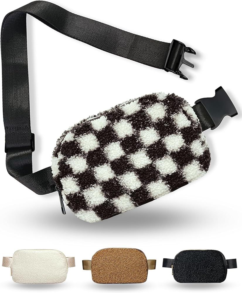 Boutique Fleece Belt Bag | Sherpa Checkered Crossbody Bag Fanny Pack for Women Fashionable | Cute... | Amazon (US)
