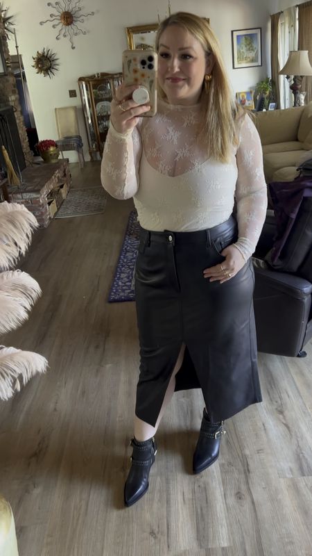 Winter outfit, winter ootd 
Winter white with a lace sheer top and faux leather midi skirt and fittest booties 
Wearing size L lace top and size 14 skirt
Sized up 1/2 for bootie 

#LTKstyletip #LTKmidsize #LTKSeasonal