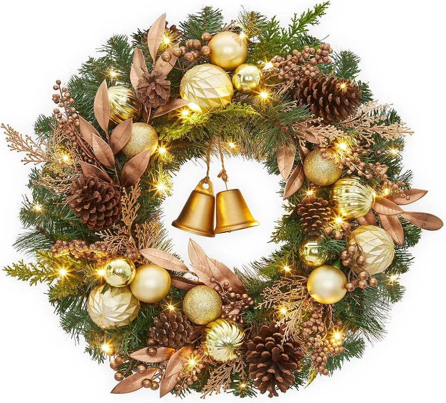 24" Pre-Lit Christmas Wreath for Front Door, Artificial Christmas Wreath with Lights | Wayfair North America