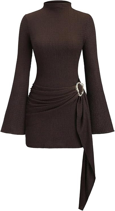 Milumia Women's Textured Mock Neck Metal Cinched Waist Long Bell Sleeve Dress Ruched Bodycon Part... | Amazon (US)