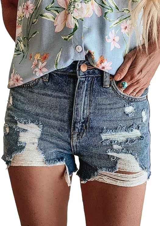 Eytino Women Denim Shorts Casual Mid Waist Frayed Raw Hem Ripped Jeans Shorts | Amazon (US)