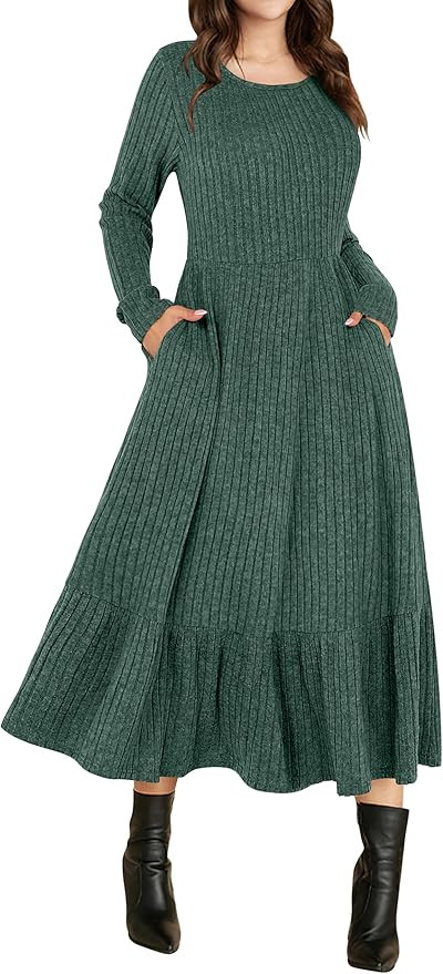 ANRABESS Womens Long Sleeve Midi Dress 2025 Fall Rib Knit Crew Neck A Line Soft Flowy Swing Dress... | Amazon (US)