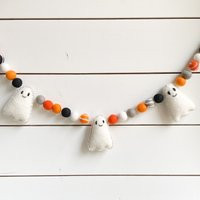 Ghost Halloween Garland, Felt Ball - Pom Free Shipping Usa | Bunting Fall Autumn Decoration | Etsy (US)