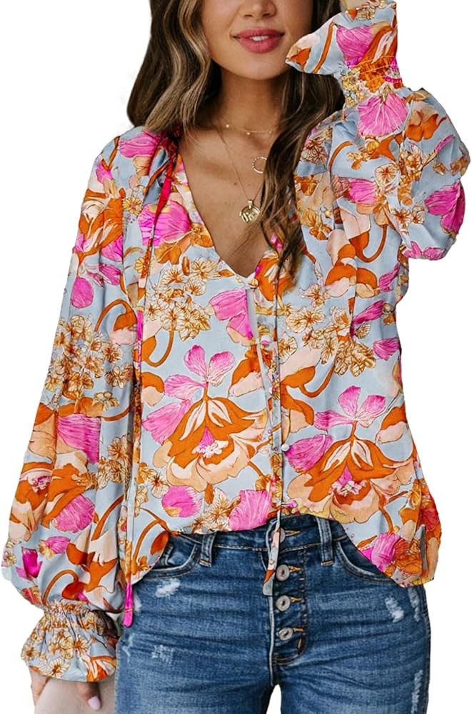 Biucly Women's Casual Boho Floral Print V Neck Long Sleeve Drawstring Tops Loose Blouses Button D... | Amazon (US)