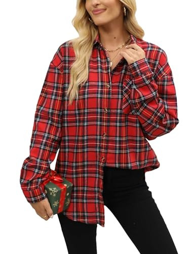 Lumister Oversized Red Flannel Shirt Women Long Sleeve Plaid Button Buffalo Shirt Blouse Tops (0405-ChristmasRed-M) | Amazon (US)