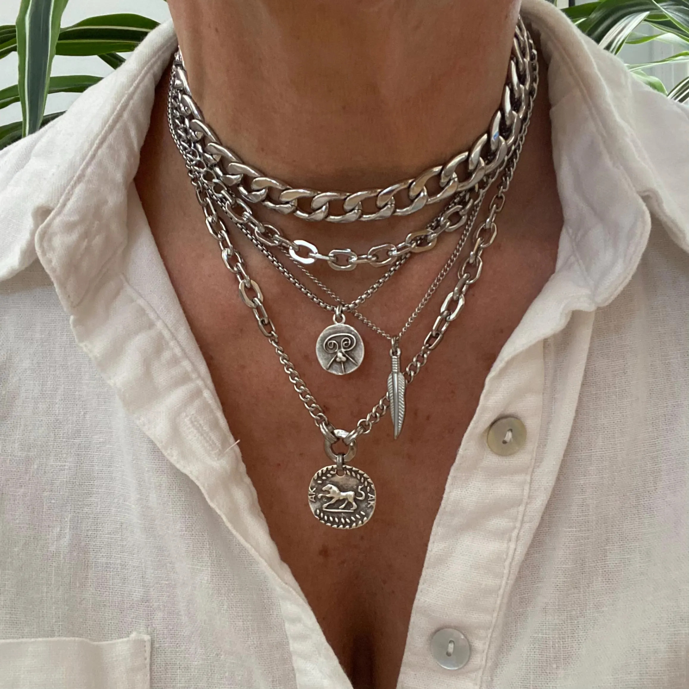 Layer Multi Charm Pendant Necklace for Women in Silver Stainless Steel - Multistrands Chunky Curb... | Etsy (US)