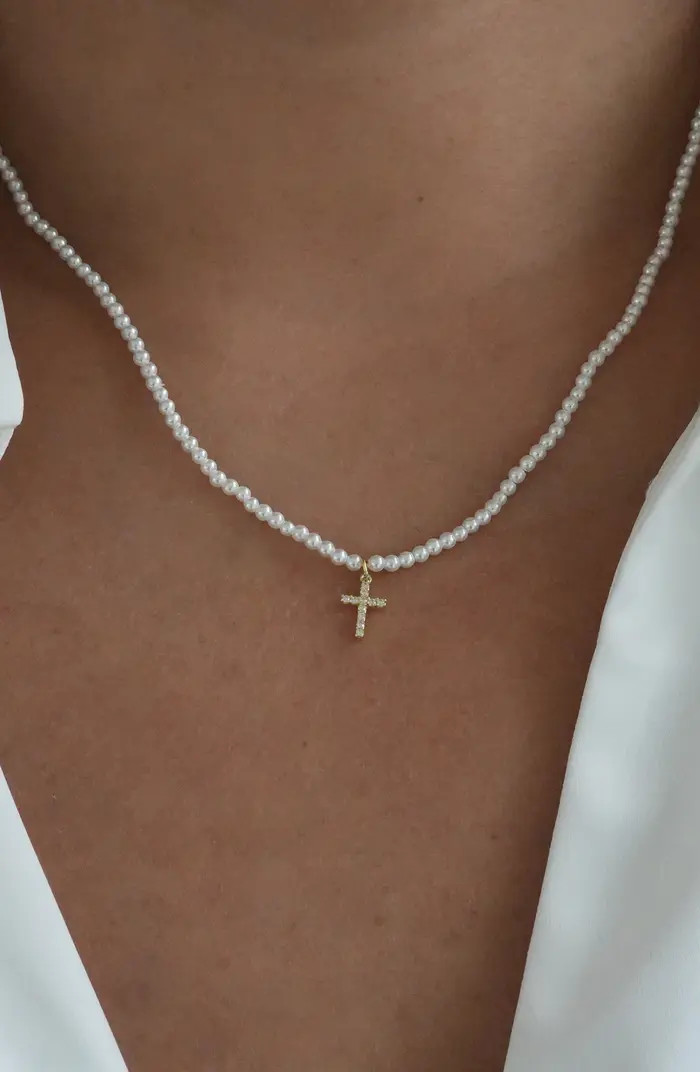 Cubic Zirconia Cross Pendant Faux Pearl Necklace | Nordstrom