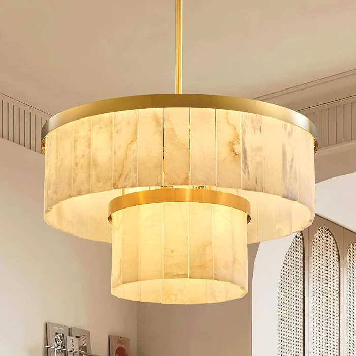 Alabaster Chandelier 2-Tier D24 Brass Round Chandeliers, Modern Dining Room Chandelier Marble Pendant Light for Living Room, Bedroom, Foyer, Kitchen, Entryway Gold(Include Bulbs) | Amazon (US)