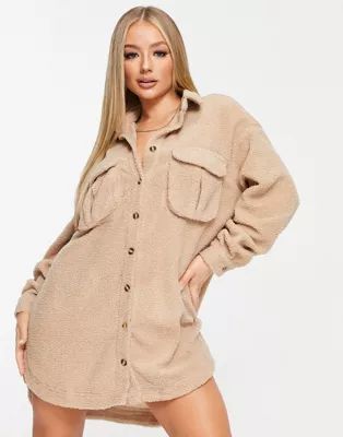 Missguided oversized borg shirt dress in stone | ASOS (Global)