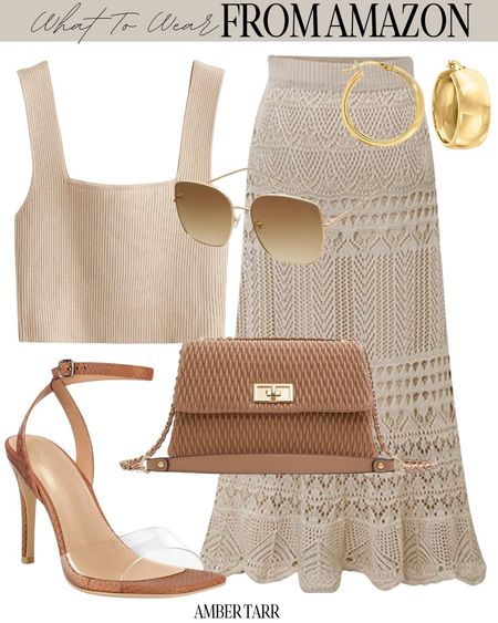 a neutral knitted skirt with crop top, heels gold accessories and crossbody bag. Perfect for resort wear, vacation outfit or an every summer spring outfit. 

#LTKfindsunder100 #LTKtravel #LTKfindsunder50