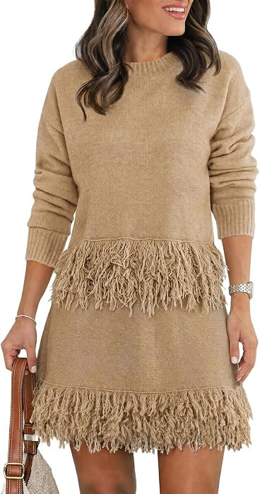Womens 2 Piece Skirt Sets Fringe Knit Sweater and Mini Skirt Casual Outfits | Amazon (US)