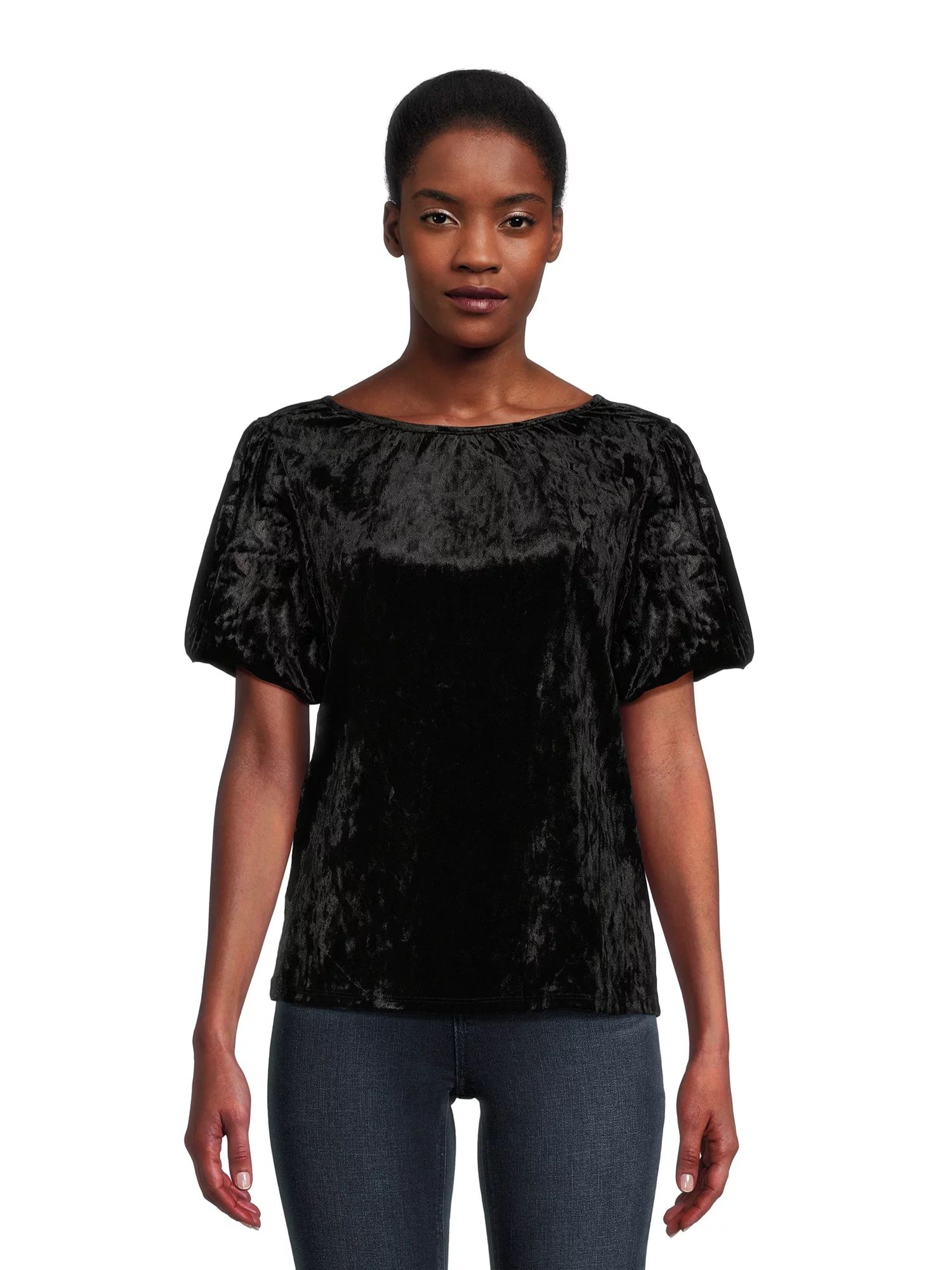 Time and Tru Women's Crushed Velvet Top with Short Sleeves, Sizes XS-XXXL | Walmart (US)