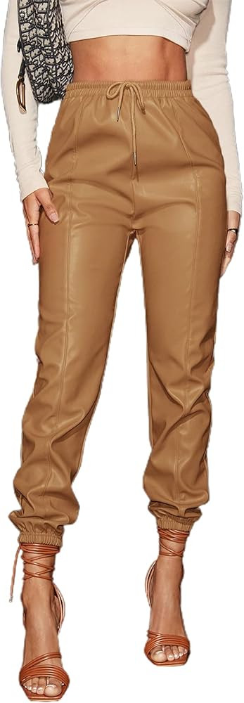 Floerns Women's Drawstring High Waisted Cropped Tapered Pu Leather Pants | Amazon (US)