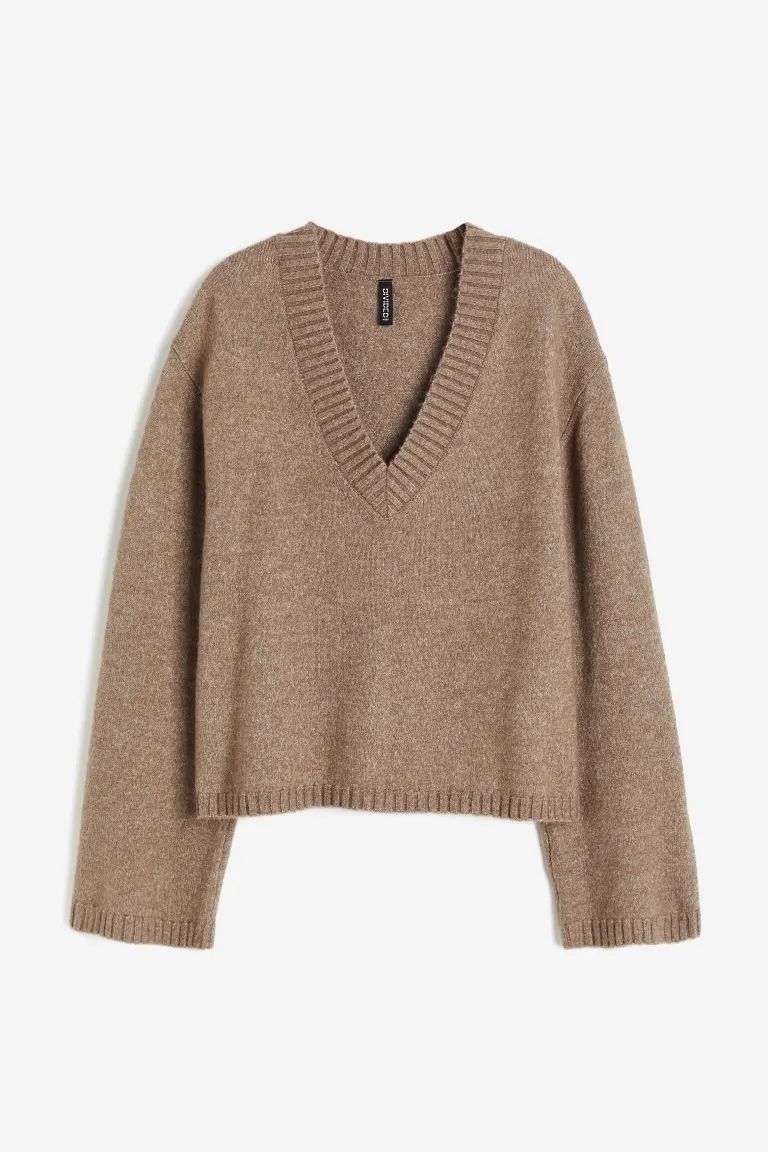 V-neck Sweater - Dark taupe melange - Ladies | H&M US | H&M (US)