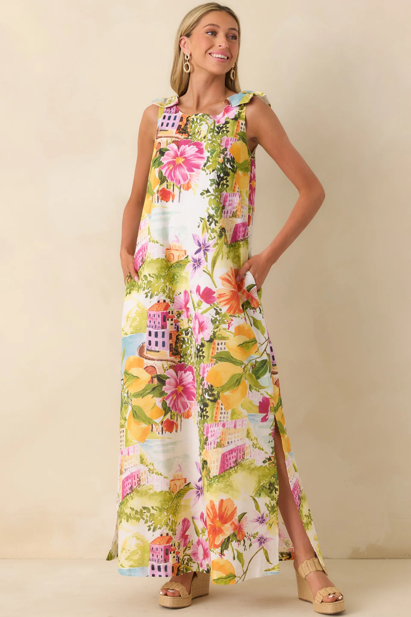Prosperina Lucie Multi Linen Blend Scenic Coastal Print Maxi Dress | Red Dress