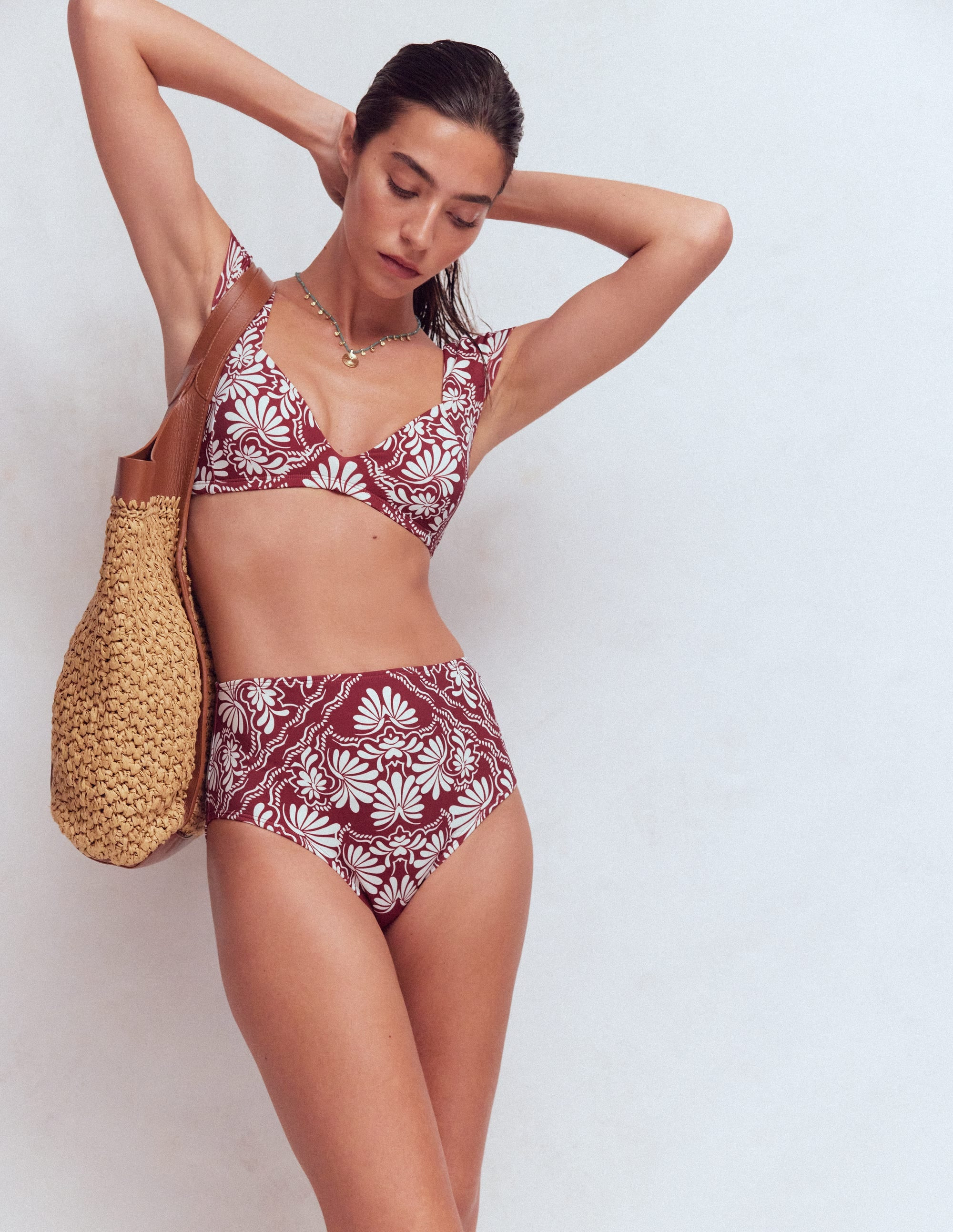High Waisted Bikini Bottoms-Maroon, Botanical Charm | Boden (US)