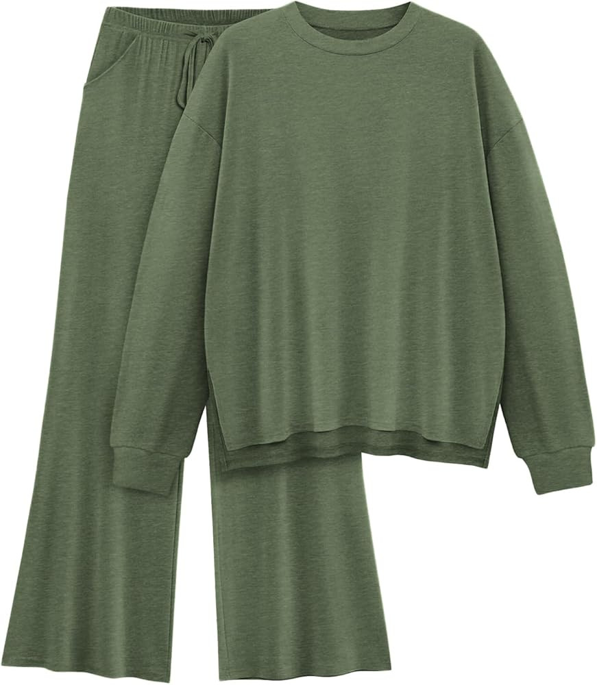 Womens Lounge Set 2025 Fall 2 Piece Outfits Long Sleeve Tops Wide Leg Long Pants Cozy Matching Se... | Amazon (US)