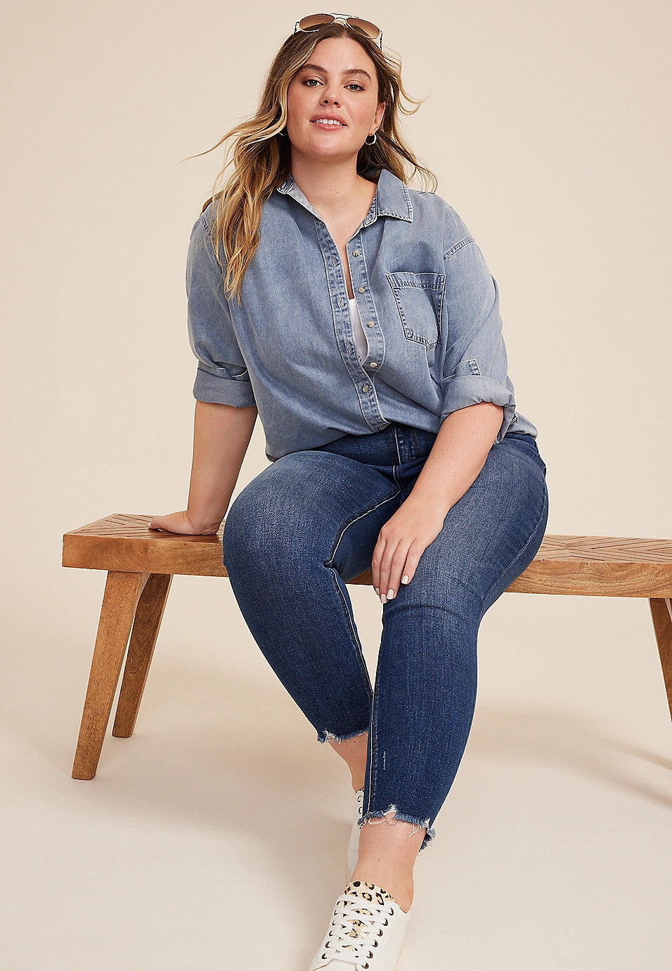 Plus Size Denim Medium Wash Button Up Shirt | Maurices
