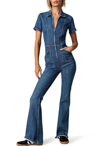 PLNOTME Women's Flare Denim Jumpsuits Cute Short Sleeve Zipper Jeans Long Pants Rompers with Pockets | Amazon (US)