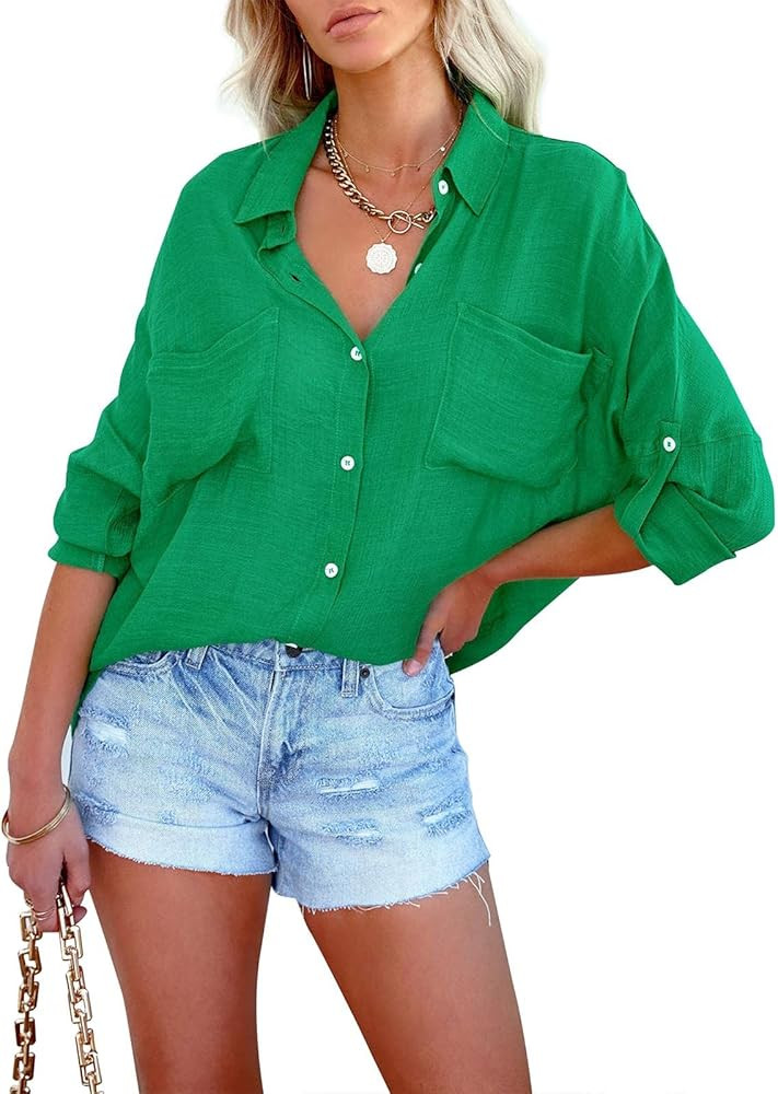 Yanekop Womens Button Down Poplin Shirts Casual Long Sleeve V Neck Blouses Tops with Pockets | Amazon (US)