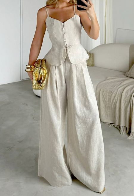 Button-Front Cotton Cami Top and Wide-Leg Pants Set in Linen for Workday & Afternoon Tea | Chicwish
