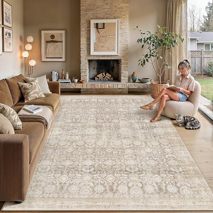 9x12 Beige Washable Area Rug Non Slip Neutral Distressed Carpet | Amazon (US)