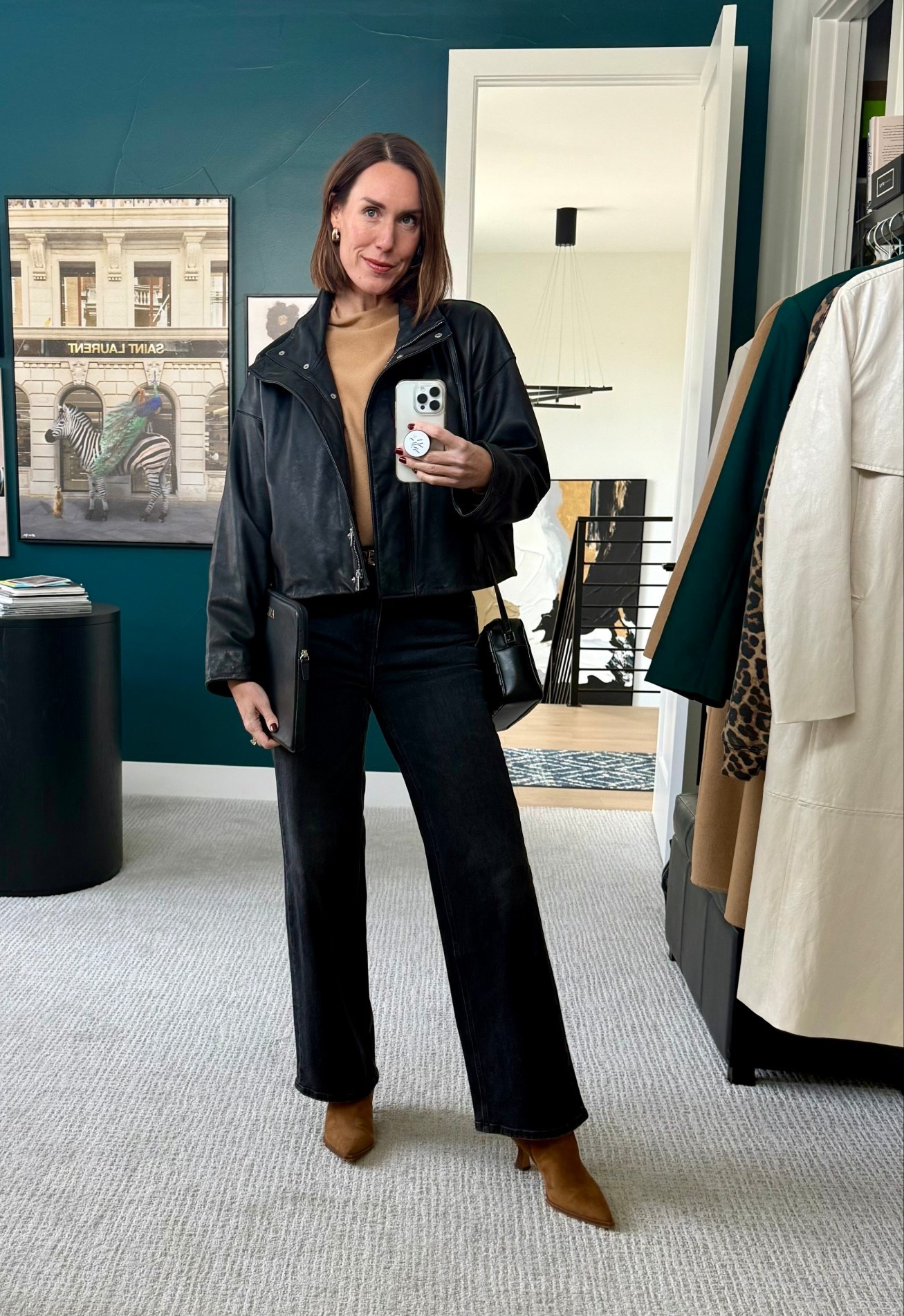 Classic black & tan. Cozy fall outfit. Layers, textures, elevated chic. Leather jacket, suede boots, cashmere sweater. 🖤🤎✨