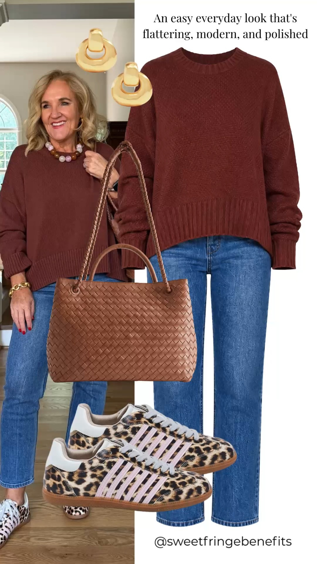 This rich brown sweater is one you'll reach for all season long! It's soft, easy to layer, and pairs perfectly with classic jeans, leopard sneakers, and a woven tote for an effortless everyday look.

💡 LTK MADE EASY
❤️ Heart = Support my posts!
🔖 Save = Get sale & restock alerts
📋 Lists = Keep favorites organized
📲 Share = Send lists and products to a friend. Hello, Christmas List!
💬 Comment = Ask me anything about what I'm wearing.:-)

#LTKgrwm #LTKOver40 #LTKdayinmylife