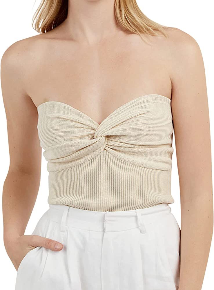 Meladyan Women Twist Knot Solid Knit Bandeau Tube Top Sexy Strapless Sleeveless Slim Fit Crop Tan... | Amazon (US)