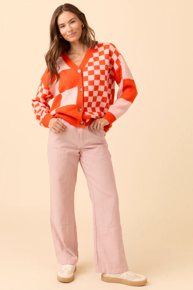 Alyssia Coral And Orange Checkered Cardigan | Pink Lily