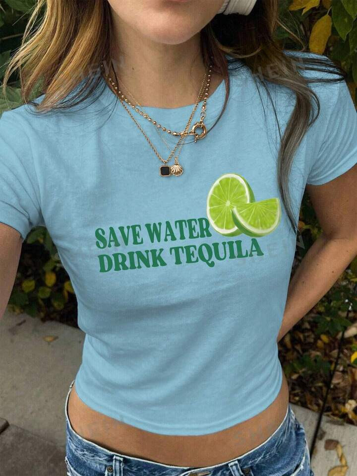 SHEIN Qutie Lively Lemon & Letter Print T-Shirt, Standard Letter Pattern, Placement Print, Suitab... | SHEIN