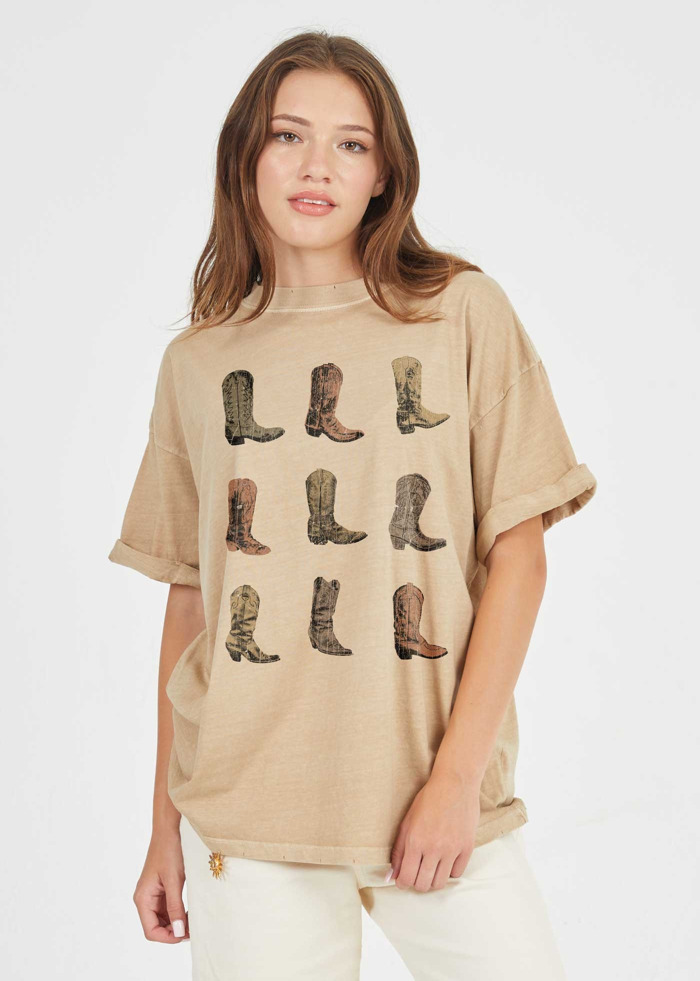 GirlDangerous: Cowboy Boots Sand Boyfriend Tee | Girl Dangerous
