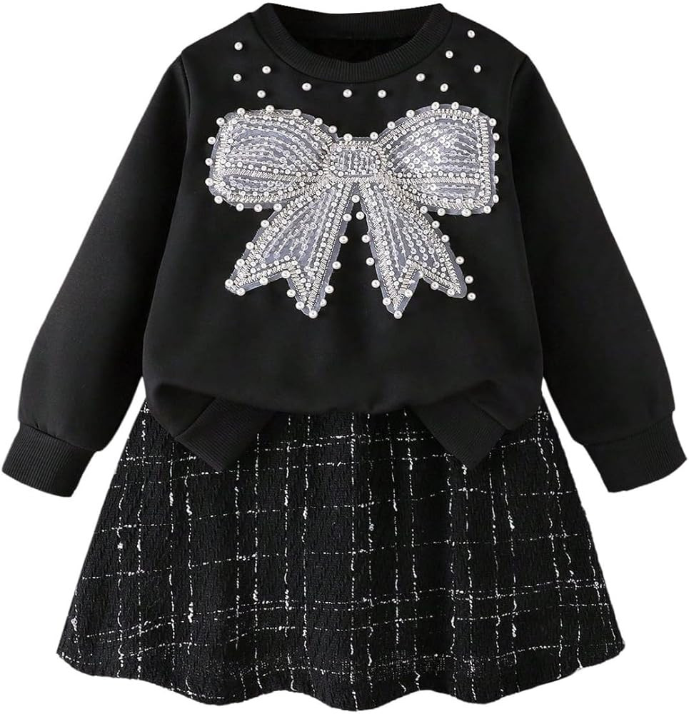 WDIRARA Girl's 2 Piece Skirt Outfits Bow Rhinestone Sweatshirt Tweed Mini Skirt Set Cute Outfits | Amazon (US)