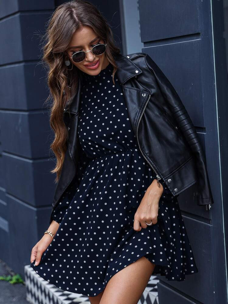 Polka Dot Keyhole Back Bishop Sleeve Dress | SHEIN