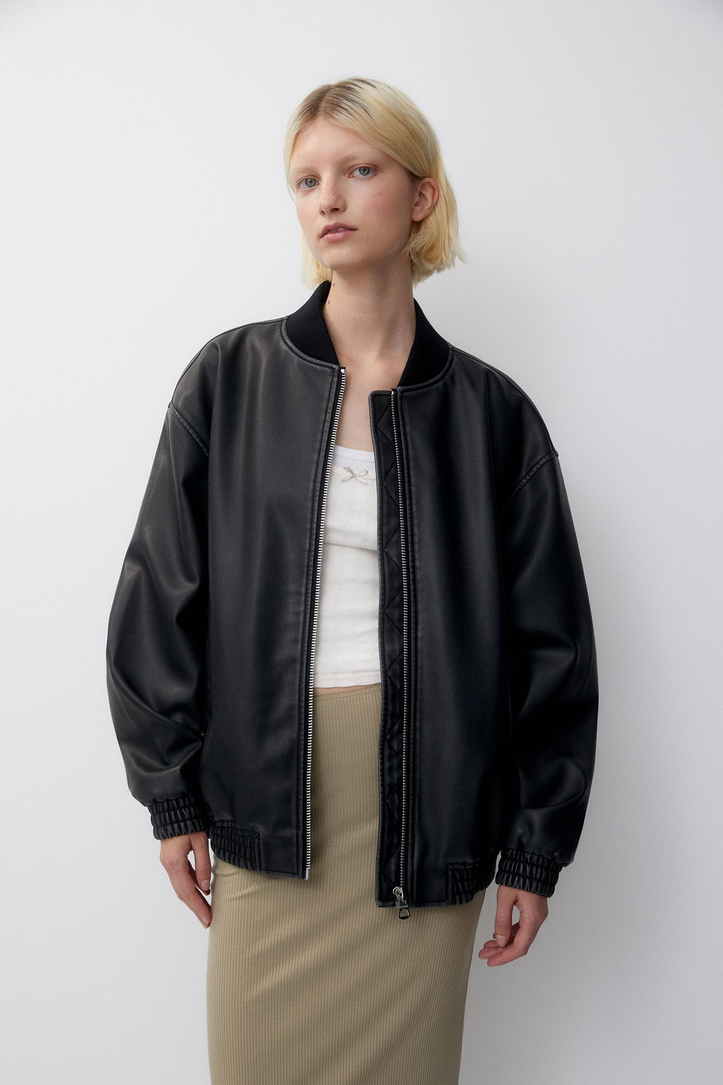 Faded faux leather bomber jacket | PULL and BEAR UK