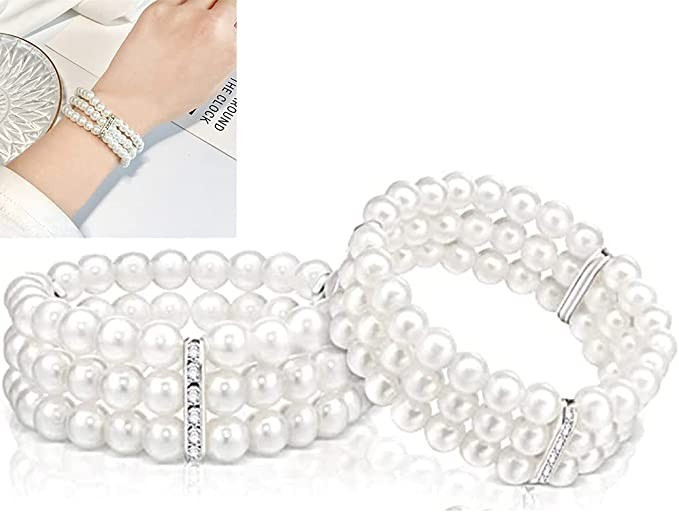 Asphire Vintage Pearl Bracelet 2pcs 3-Row Pearl Stretch Bracelet Multi-Layered Elastic Bangle Bri... | Amazon (US)